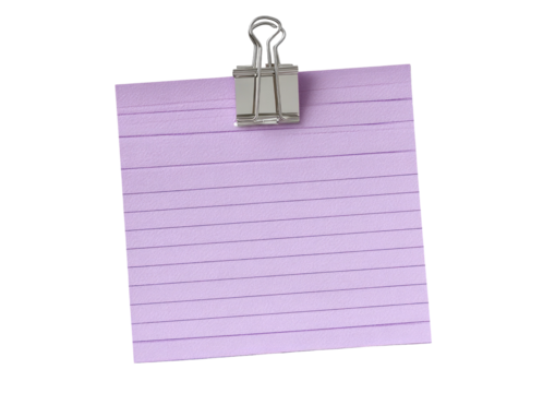 Lined, lavender notepad page held by metal clip.