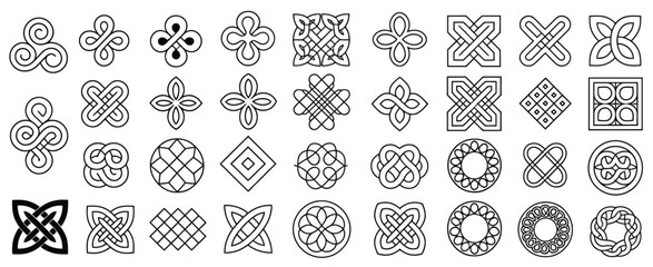 Celtic intricate corner designs with detailed knotwork, Irish inspired border frames and medieval decorative motifs suitable for historical artwork, graphic design and ornamental illustration.
