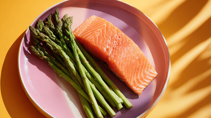 Fresh salmon fillet paired with vibrant green asparagus on a stylish plate against a bright background.