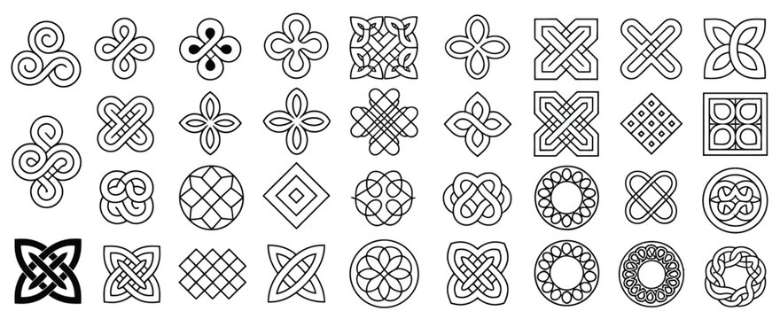 Celtic intricate corner designs with detailed knotwork, Irish inspired border frames and medieval decorative motifs suitable for historical artwork, graphic design and ornamental illustration.