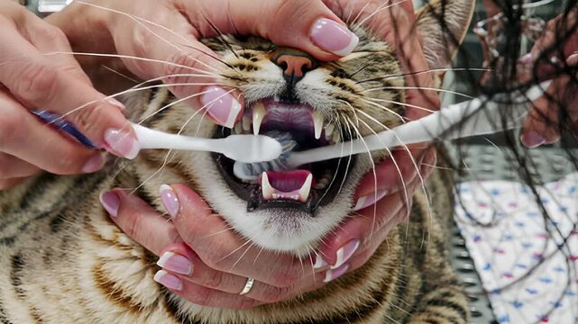 cat teeth brushing close up showing feline oral hygiene routine | pets, animals, health, care, veterinary theme