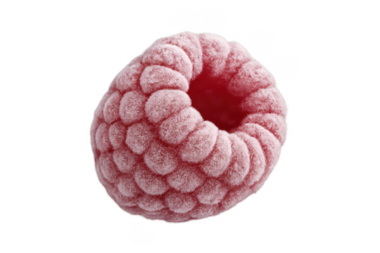 Frozen raspberry fruit showing frosty texture on transparent background
