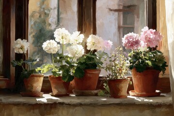 Fototapeta premium Sunlit Window Display - Geraniums in Terracotta Pots, Soft Light, Serene Scene.