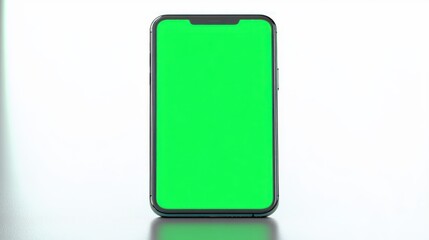 modern smartphone with bright green chroma key screen standing upright on reflective white surface, clean minimalist tech mood