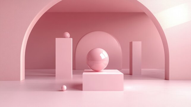 soft pink minimalist interior with arches, pedestals, a glossy central sphere on a cube podium and small spheres, evoking calm and serene modern abstract composition - Powered by Adobe