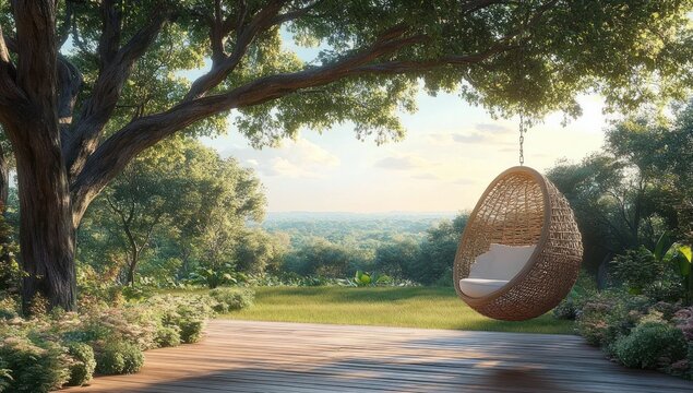 sunlit wooden deck beneath a large spreading tree with a hanging wicker egg chair and cushion, surrounded by flowering shrubs, lush greenery and rolling hills, serene and inviting