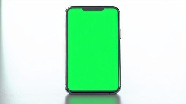 modern smartphone with bright green chroma key screen standing upright on reflective white surface, clean minimalist tech mood