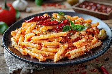 rustic plate of penne pasta in spicy tomato sauce with whole dried red chilies, green olives and fresh basil on a wooden table, warm appetizing meal