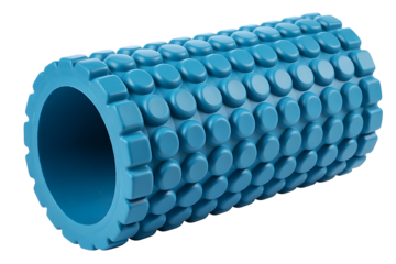 Blue foam roller for muscle recovery on a transparent or white isolate background.
