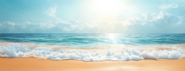 sunlit tropical beach with gentle turquoise waves, golden sand, foamy surf and distant clouds evoking calm and serenity