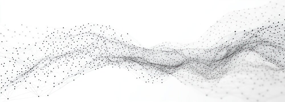 Flowing network of interconnected dots and thin lines forming an ethereal monochrome mesh wave conveying calm futuristic motion
