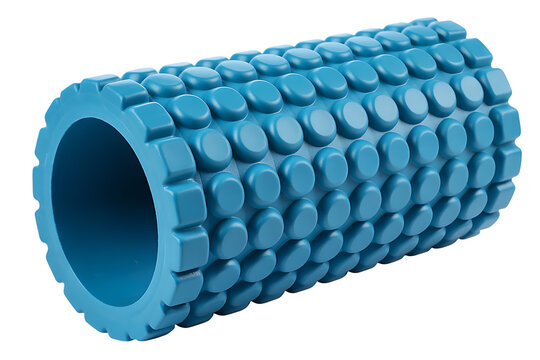 Blue foam roller for muscle recovery on a transparent or white isolate background.