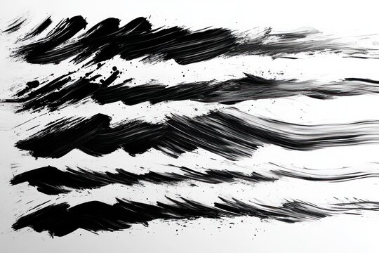 Dynamic black brush strokes and ink splatters on white background conveying bold, energetic movement