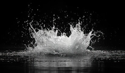 Dramatic high-speed water splash with rising droplets and ripples reflected on a dark surface conveying power and energy