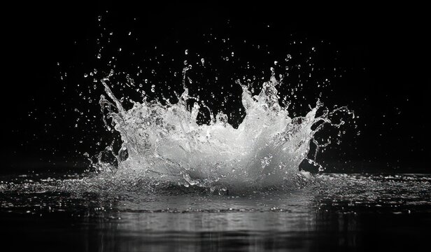 Dramatic high-speed water splash with rising droplets and ripples reflected on a dark surface conveying power and energy
