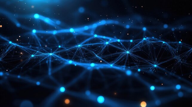 Undulating glowing blue network mesh of connected nodes and filaments on a dark field with orange sparks, evoking futuristic wonder and connectivity