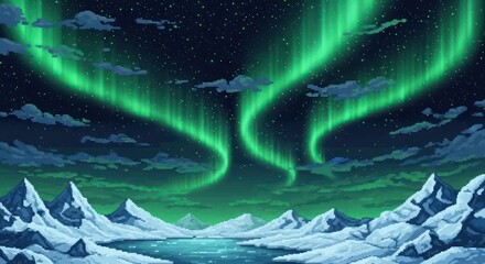 Pixelated aurora borealis over snow-covered mountains in a serene arctic landscape