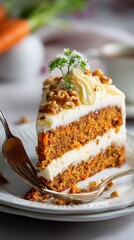Decadent Carrot Cake Slice with Cream Cheese Frosting and Walnut Garnish.