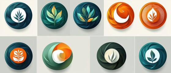 grid of circular layered paper-cut emblems with stylized leaf and abstract swirl motifs in teal, green and orange tones conveying calm, fresh, organic harmony