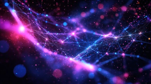 Futuristic glowing network of interconnected neon filaments and sparkling particles in vivid purple and blue with bokeh lights and cosmic depth, evoking wonder and dynamic energy