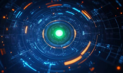 glowing green core surrounded by concentric holographic rings and blue circuitry with orange data pulses in a futuristic digital interface conveying intensity and precision