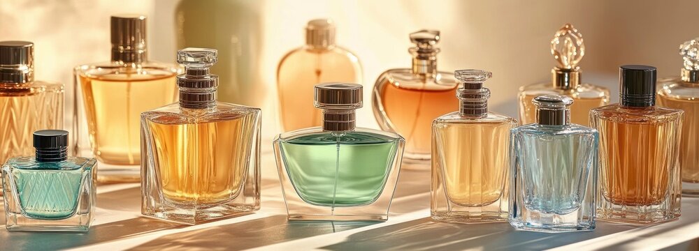 sunlit arrangement of assorted glass perfume bottles with amber, green and blue liquids casting warm reflections and an elegant luxurious mood