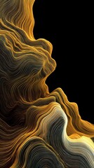 Abstract Golden Flowing Lines Against Black Background, Artistic Digital Render.