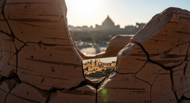 Ancient cities viewed through cracked sandstone fragments at dawn, evoking history and exploration