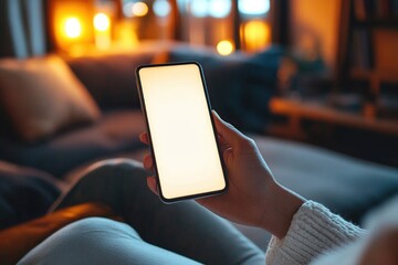 hand holding a glowing blank smartphone over crossed legs on a couch in a cozy dim living room with warm bokeh lights and soft sweater conveying relaxed evening comfort