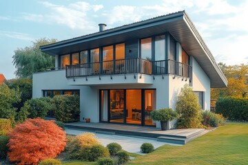 modern two-story house with large glass windows and balcony, wooden deck patio, potted plants, colorful shrubs and lawn, warm glowing interior, cozy inviting evening atmosphere