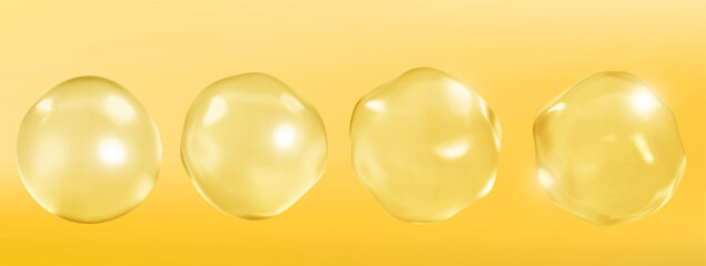 Collagen serum bubbles on yellow background. Cosmetic essence. Concept skincare cosmetics solution. Vector realistic illustration