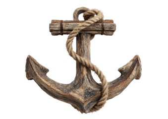 Wooden anchor entwined with rope, on a black background
