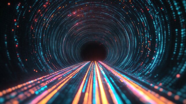 neon digital tunnel with glowing streaks, swirling particles and dotted circular walls conveying futuristic motion, speed and mysterious immersion