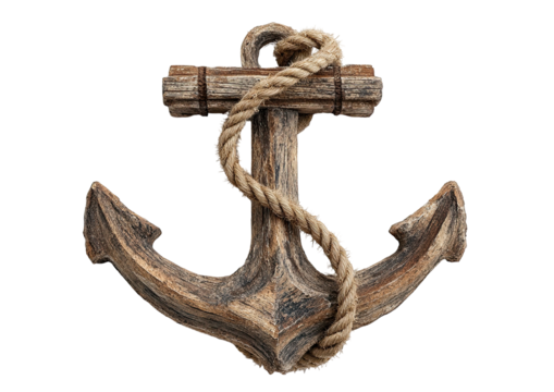 Wooden anchor entwined with rope, on a black background