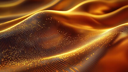 golden flowing wave landscape of fine-lined illuminated mesh with glowing particles, warm luxurious futuristic mood