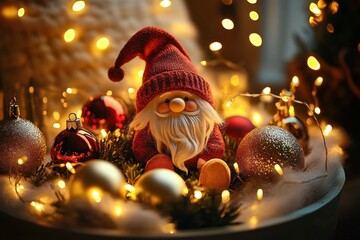 small gnome figurine with red knit hat and white beard nestled among gold and red baubles, pine sprigs, artificial snow and glowing fairy lights conveying a cozy festive mood