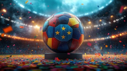 Colorful soccer ball with star emblem on pedestal in a confetti-filled stadium celebrating victory and excitement