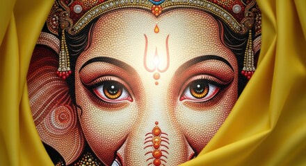 Ganesha's radiant gaze in intricate dotted artwork framed by golden yellow cloth