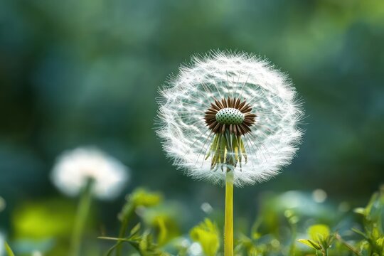 close-up of a dandelion seed head with delicate white fluff and exposed seeds on a slender stem against a soft green blurred background, evoking calm and whimsy