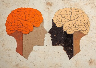 Two contrasting human profiles with exposed orange and beige brains facing each other on a weathered textured background evoking thoughtful contemplation and dialogue