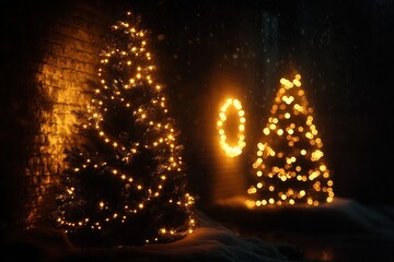 Two illuminated evergreen trees with warm golden fairy lights and a glowing wreath against a brick wall, snow-covered ground, cozy festive nighttime scene