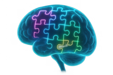 Human brain with glowing colorful puzzle pieces, representing intelligence, mental health solutions, and cognitive development