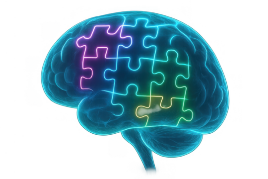 Human brain with glowing colorful puzzle pieces, representing intelligence, mental health solutions, and cognitive development