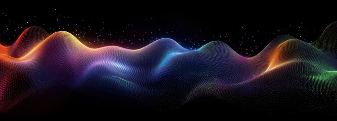 luminous multicolored particle wave and dotted mesh forming an undulating digital landscape on black background, futuristic and mesmerizing