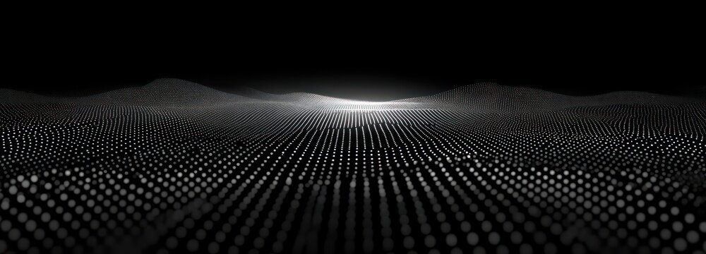 Monochrome field of glowing dots forming an undulating digital landscape with a bright horizon, evoking futuristic calm and mystery