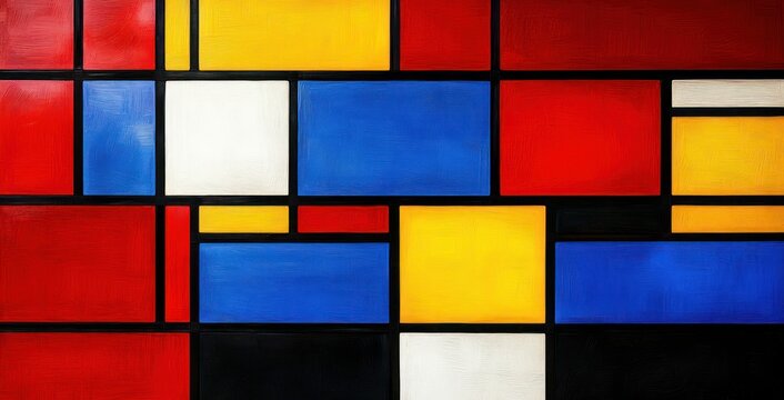 bold abstract geometric grid of primary colored rectangles with black lines and textured painted surfaces, vibrant energetic mood