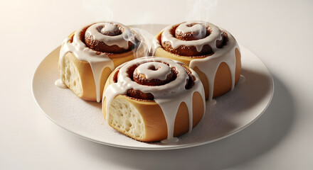 Three freshly baked cinnamon rolls with icing and steam