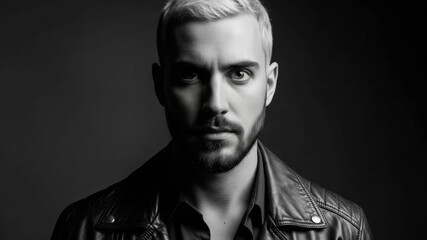 Intense black and white portrait of a male adult caucasian man with a beard and blonde hair. He wears a stylish leather jacket, exuding a serious and confident demeanor