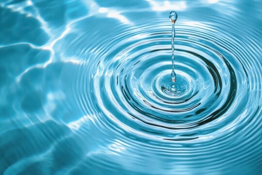single water droplet striking calm blue surface creating concentric ripples and soft light reflections, peaceful and calming mood