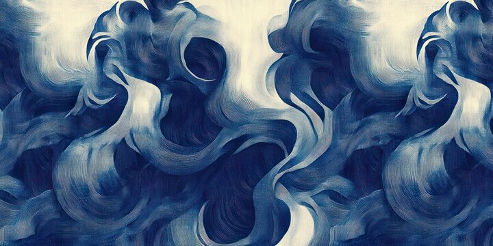 abstract swirling blue and white brushstroke ribbons and wave-like smoke on textured canvas evoking calm mystery and flowing motion - Powered by Adobe